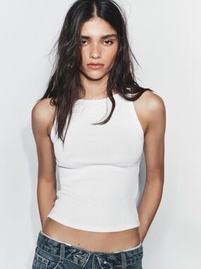 Zara White Ribbed Slim Fit Tank Top